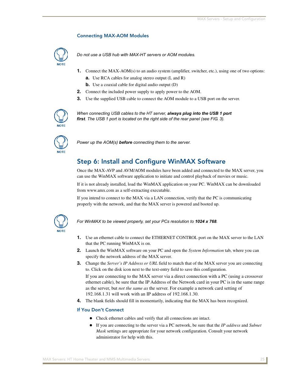 Connecting max-aom modules, Step 6: install and configure winmax software, If you don’t connect | AMX MAX Servers User Manual | Page 31 / 80