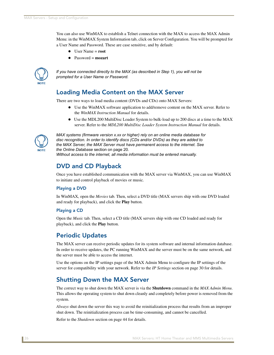Loading media content on the max server, Dvd and cd playback, Playing a dvd | Playing a cd, Periodic updates, Shutting down the max server | AMX MAX Servers User Manual | Page 32 / 80