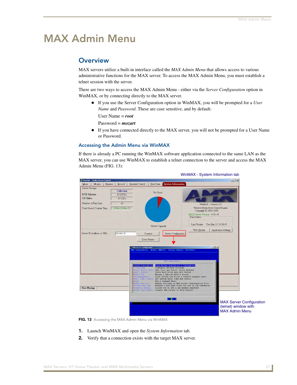 Max admin menu, Overview, Accessing the admin menu via winmax | AMX MAX Servers User Manual | Page 33 / 80