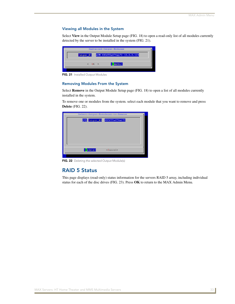 Viewing all modules in the system, Removing modules from the system, Raid 5 status | AMX MAX Servers User Manual | Page 39 / 80