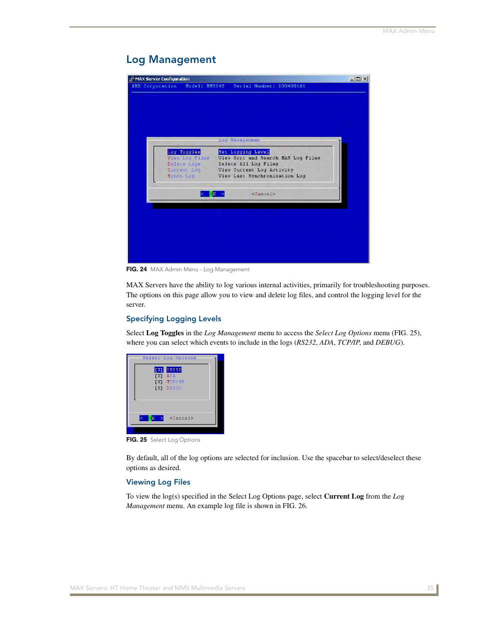 Log management, Specifying logging levels, Viewing log files | AMX MAX Servers User Manual | Page 41 / 80