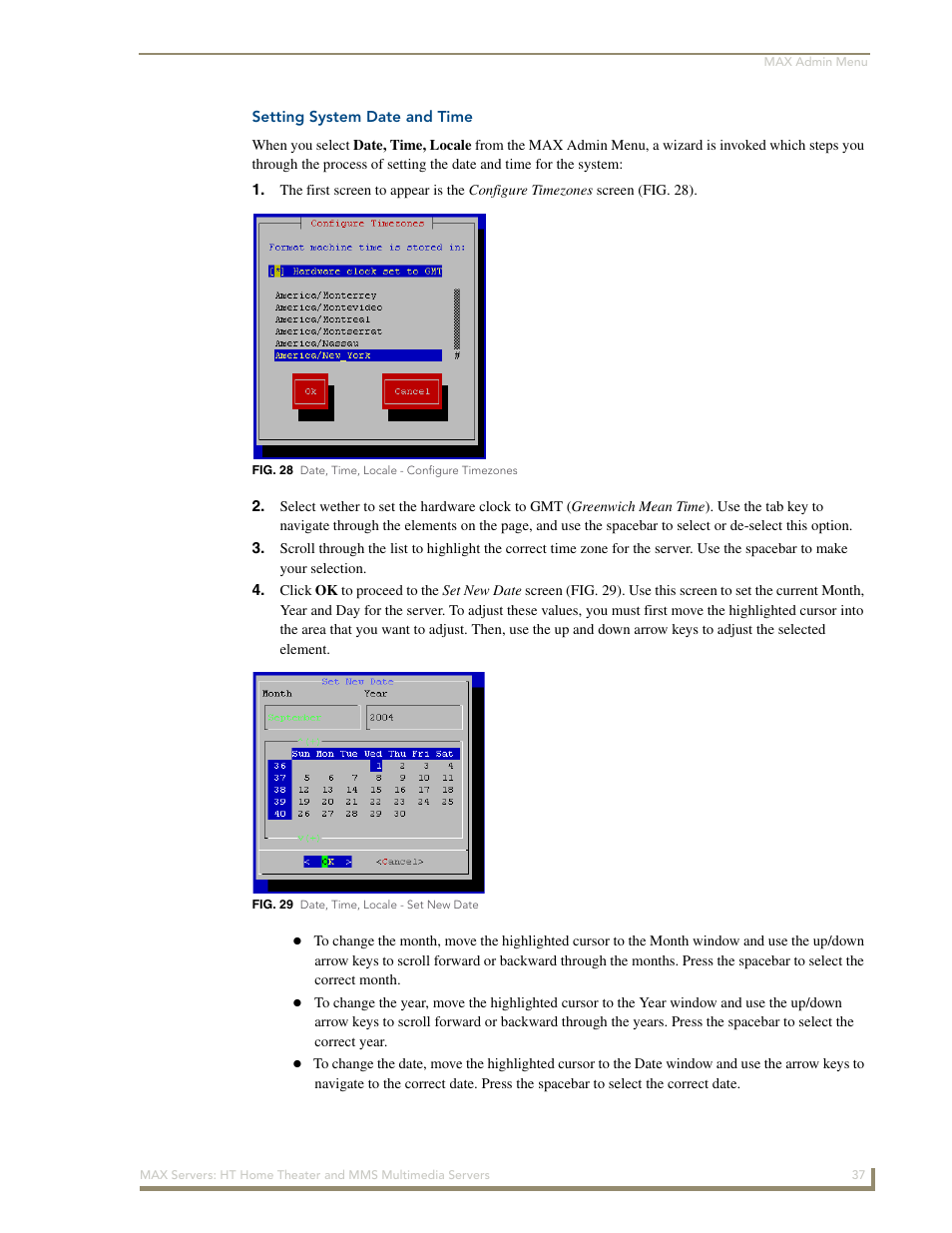 Setting system date and time | AMX MAX Servers User Manual | Page 43 / 80