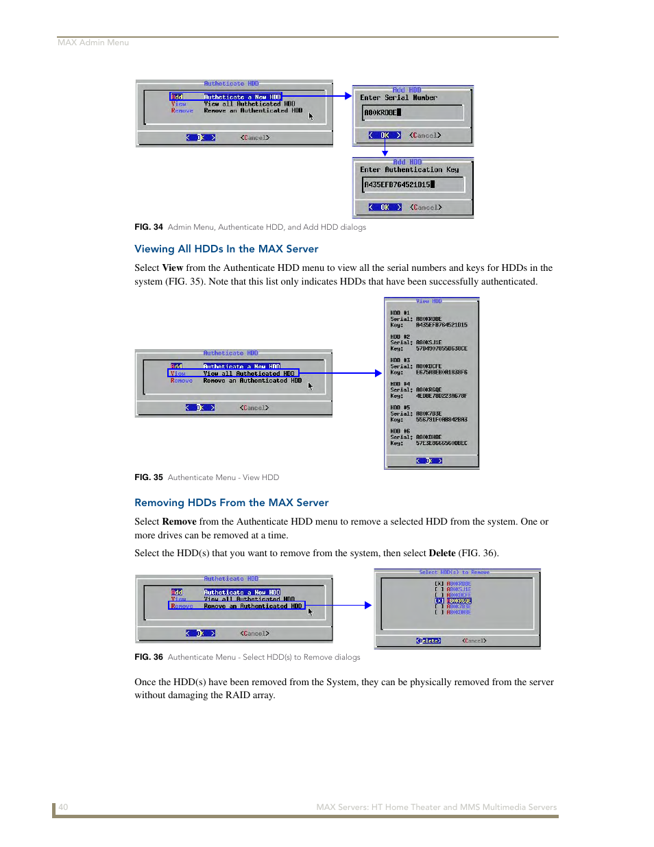 Viewing all hdds in the max server, Removing hdds from the max server | AMX MAX Servers User Manual | Page 46 / 80