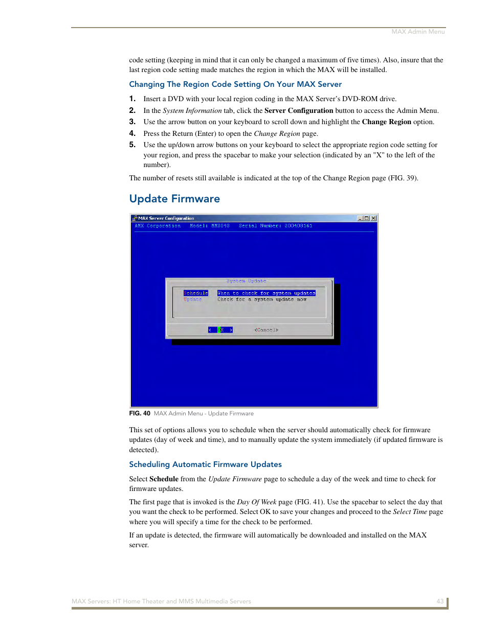 Update firmware, Scheduling automatic firmware updates | AMX MAX Servers User Manual | Page 49 / 80