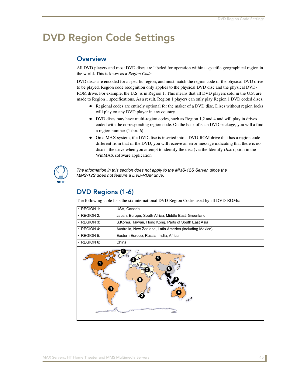 Dvd region code settings, Overview, Dvd regions (1-6) | AMX MAX Servers User Manual | Page 51 / 80