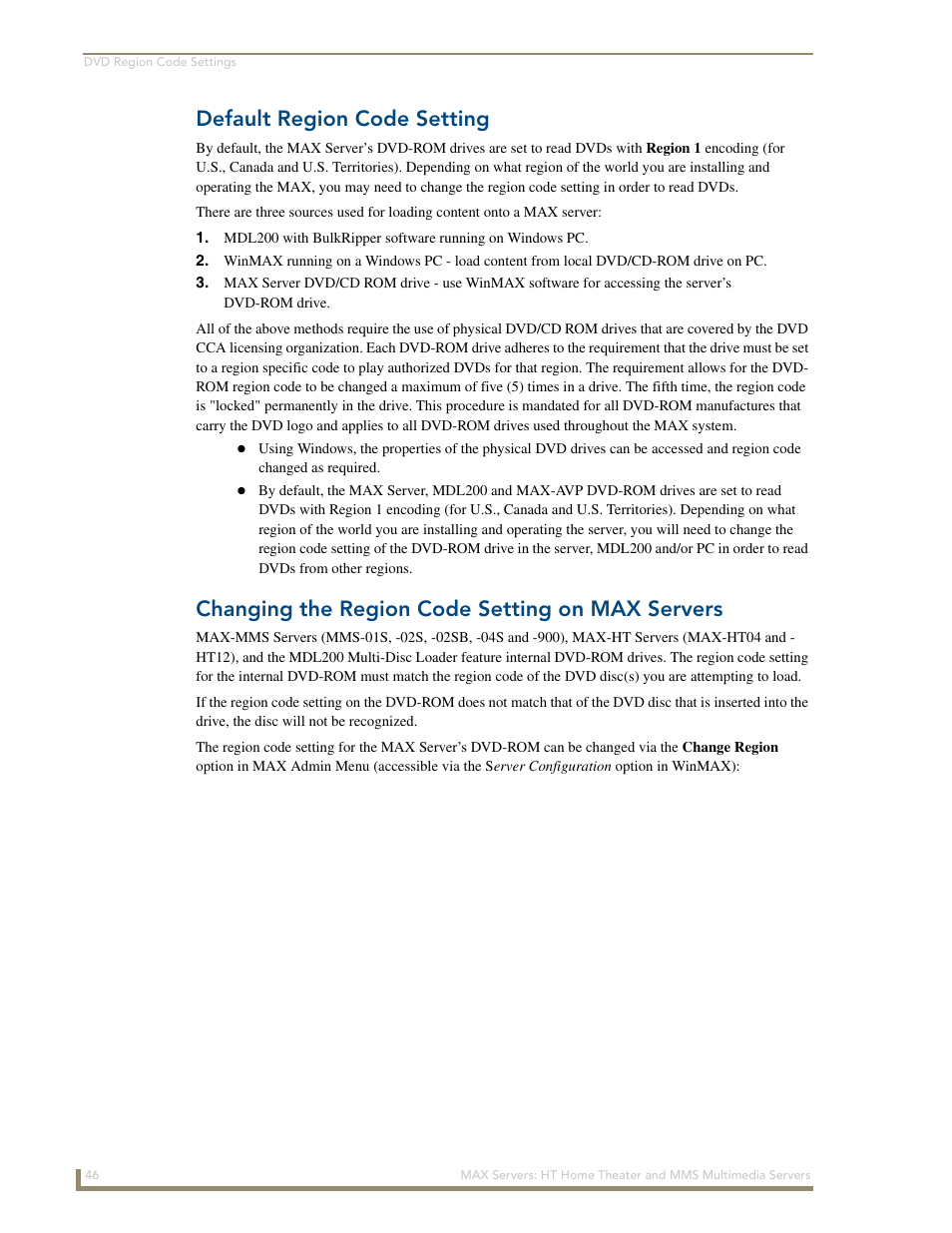 Default region code setting, Changing the region code setting on max servers | AMX MAX Servers User Manual | Page 52 / 80