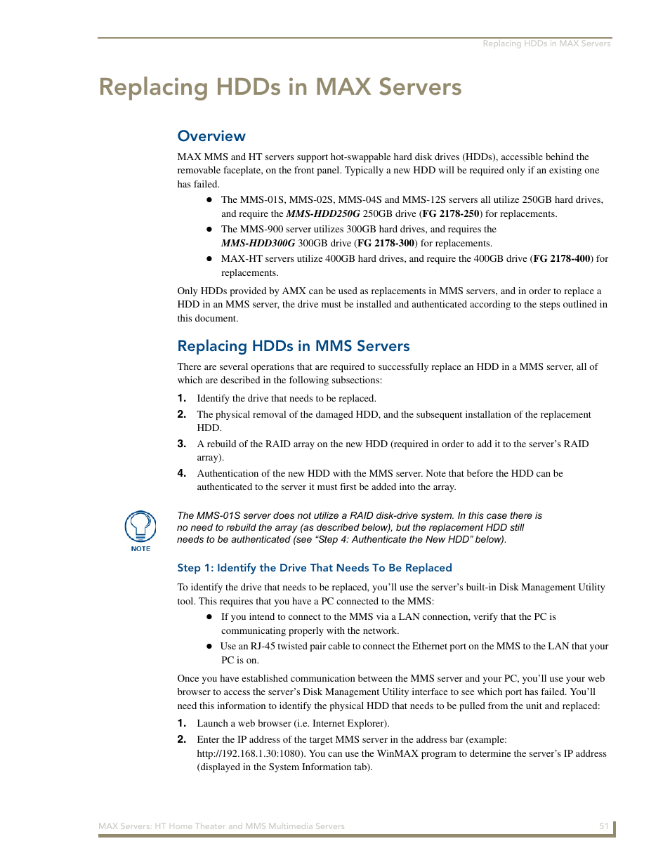 Replacing hdds in max servers, Overview, Replacing hdds in mms servers | AMX MAX Servers User Manual | Page 57 / 80