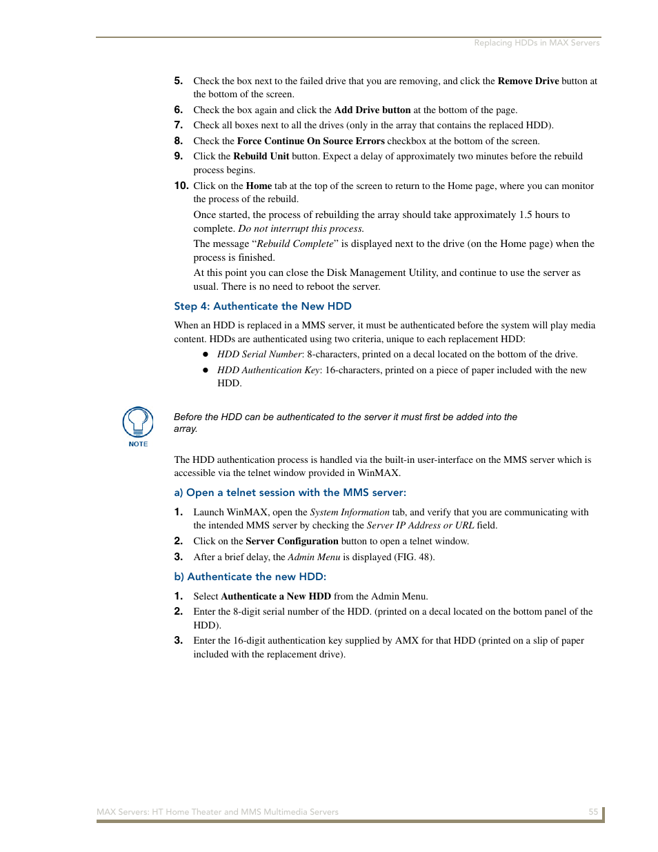 Step 4: authenticate the new hdd, A) open a telnet session with the mms server, B) authenticate the new hdd | AMX MAX Servers User Manual | Page 61 / 80