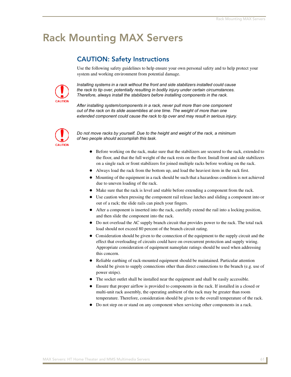 Rack mounting max servers, Caution: safety instructions | AMX MAX Servers User Manual | Page 67 / 80