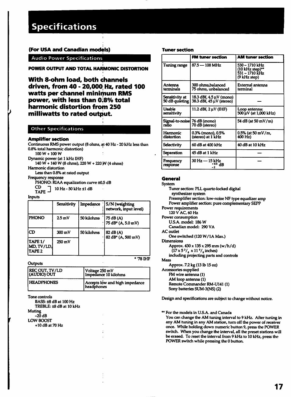 Specifications, For usa and canadian models) | Sony STR-D315 User Manual | Page 17 / 20