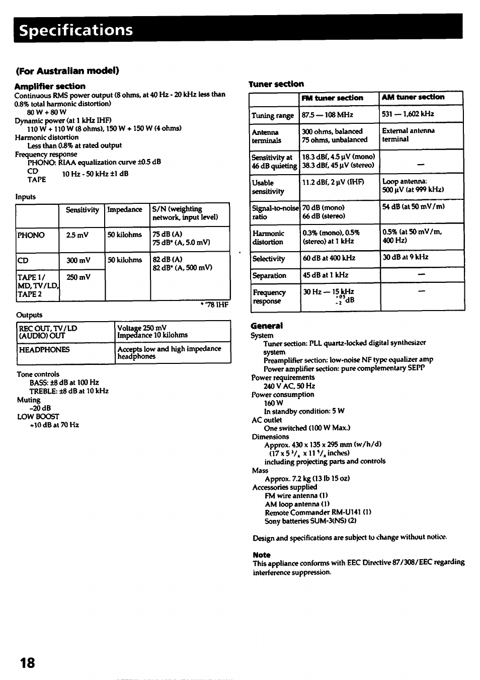 Specifications, For australian model), Amplifier section | Tuner section, General | Sony STR-D315 User Manual | Page 18 / 20