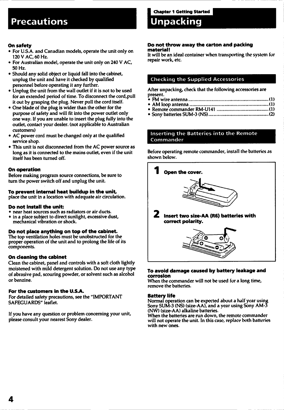 Precautions, Unpacking, On safety | On operation, To prevent internal heat buildup in the unit, Do not install the unit, On cleaning the cabinet, For the customers in the u.s.a, Do not throw away the carton and packing material | Sony STR-D315 User Manual | Page 4 / 20