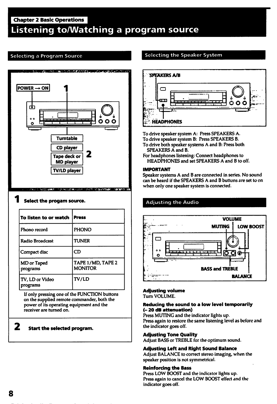 Listening toaa/atching a program source, Power -» on, Select the progam source | Important, Adjusting volume, Adjusting tone quaiity, Adjusting left and right sound balance, Reinforcing the bass, Listening to /watching a program source, Selecting a program source............... j | Sony STR-D315 User Manual | Page 8 / 20
