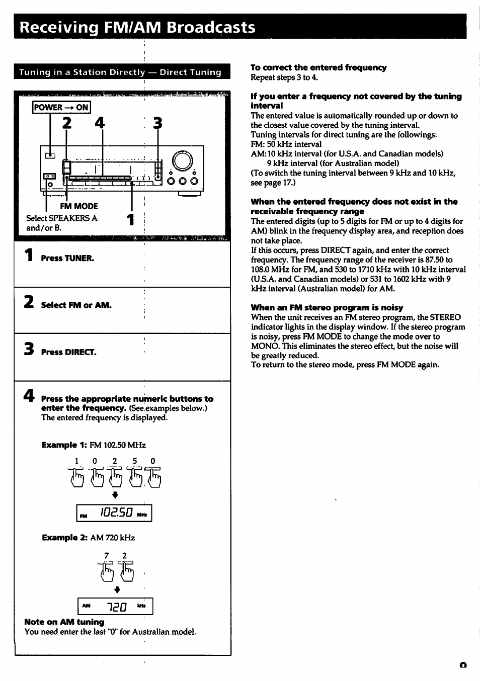 Receiving fm/am broadcasts, To correct the entered frequency, When an fm stereo program is noisy | Sony STR-D315 User Manual | Page 9 / 20