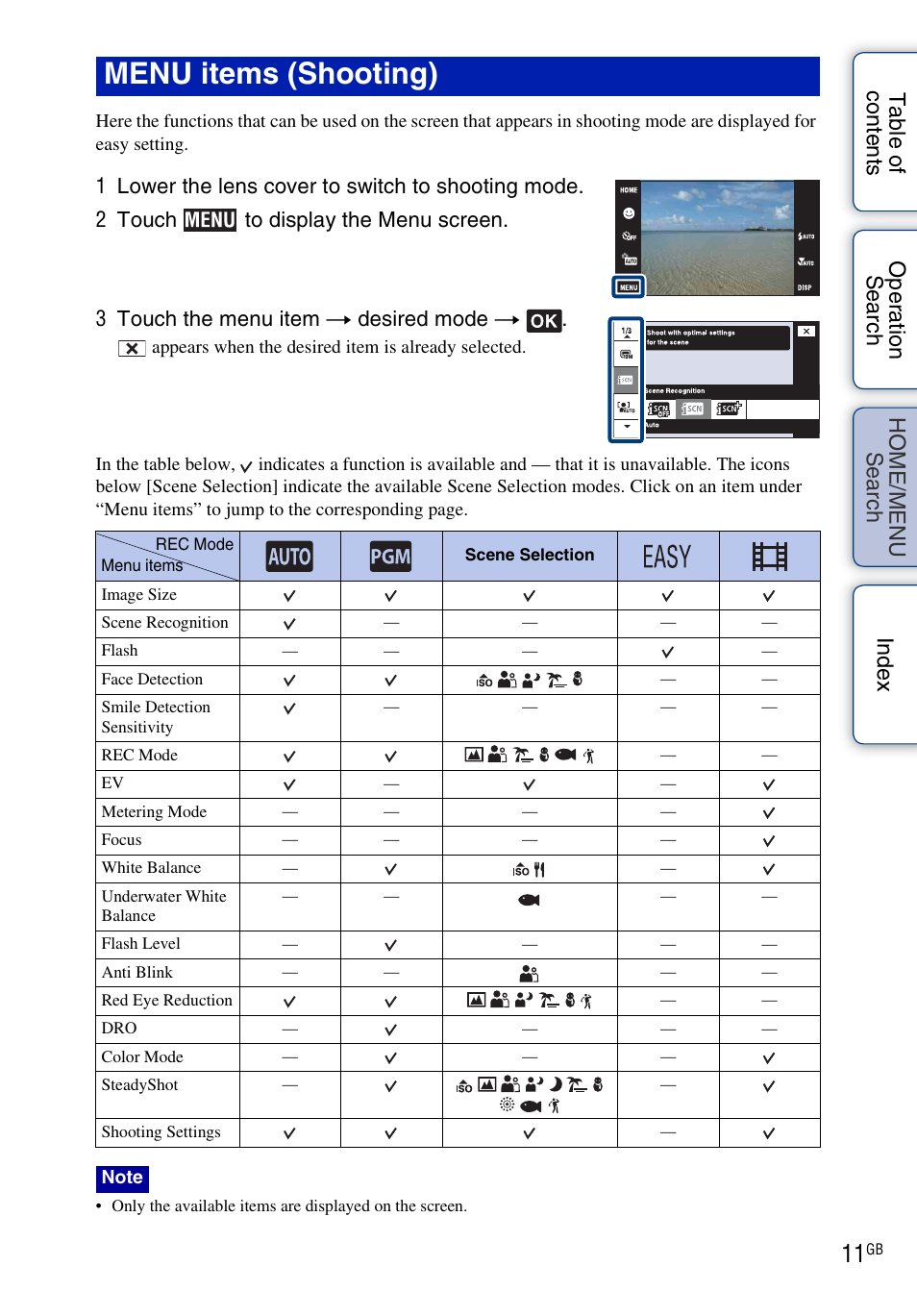 Menu items (shooting) | Sony DSC-T700 User Manual | Page 11 / 170