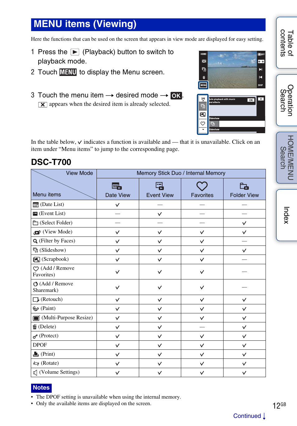 Menu items (viewing), Dsc-t700 | Sony DSC-T700 User Manual | Page 12 / 170