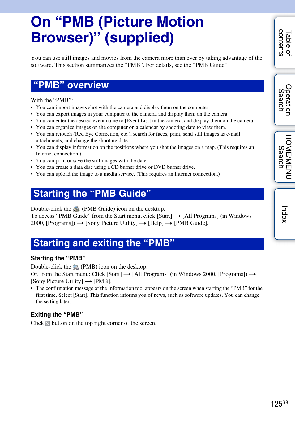 On “pmb (picture motion browser)” (supplied) | Sony DSC-T700 User Manual | Page 125 / 170