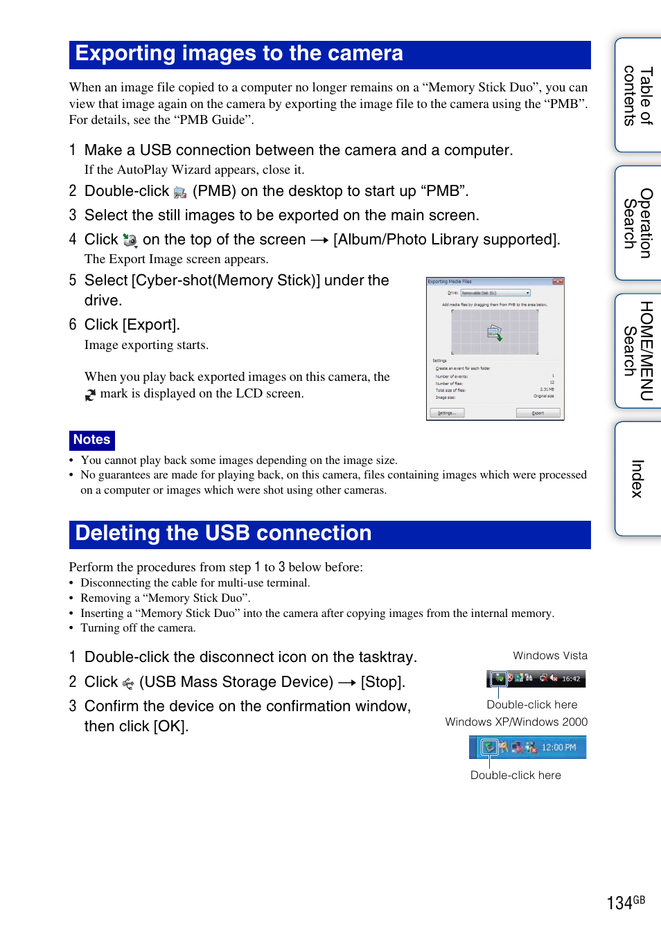 Exporting images to the camera, Deleting the usb connection | Sony DSC-T700 User Manual | Page 134 / 170