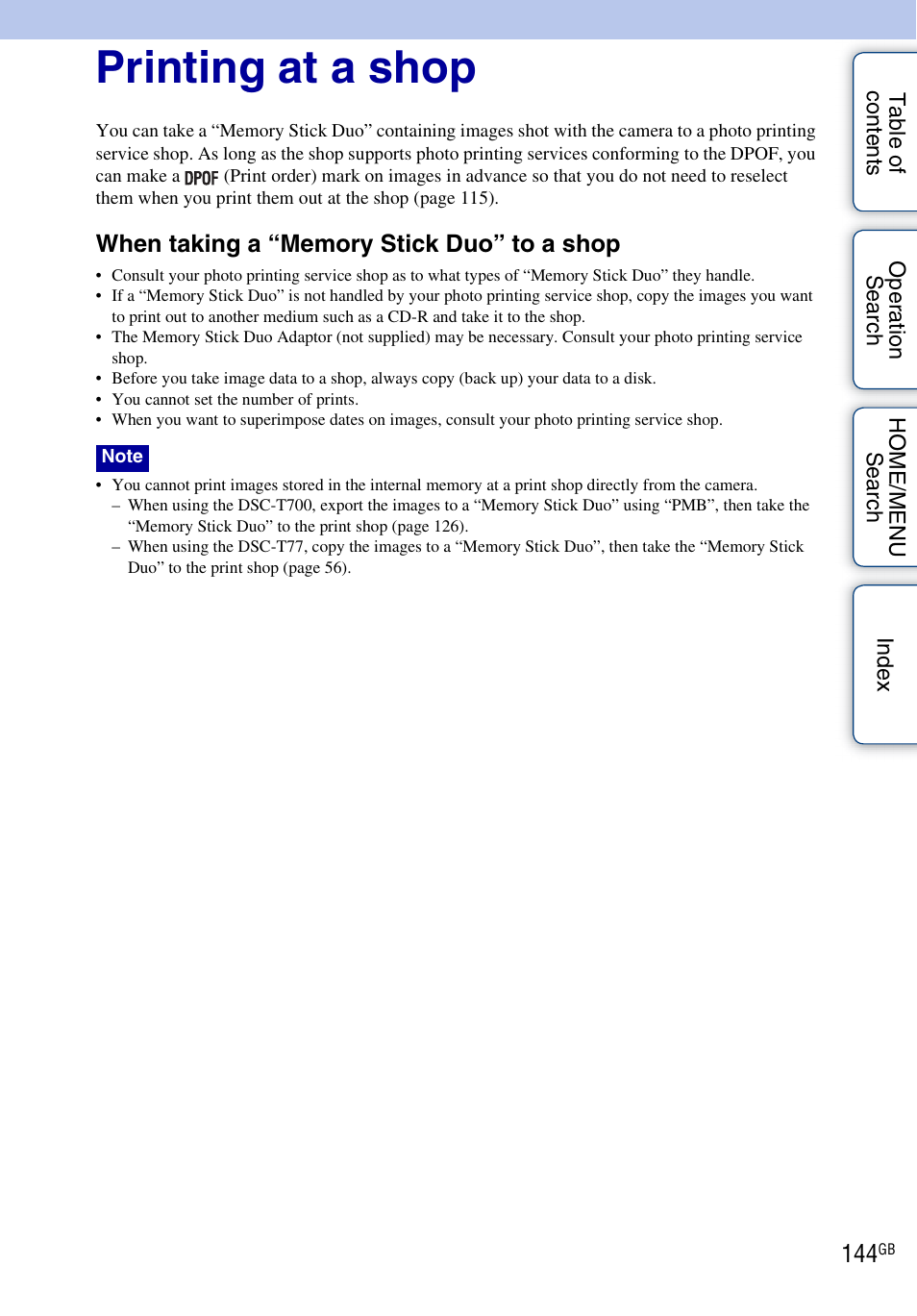 Printing at a shop | Sony DSC-T700 User Manual | Page 144 / 170
