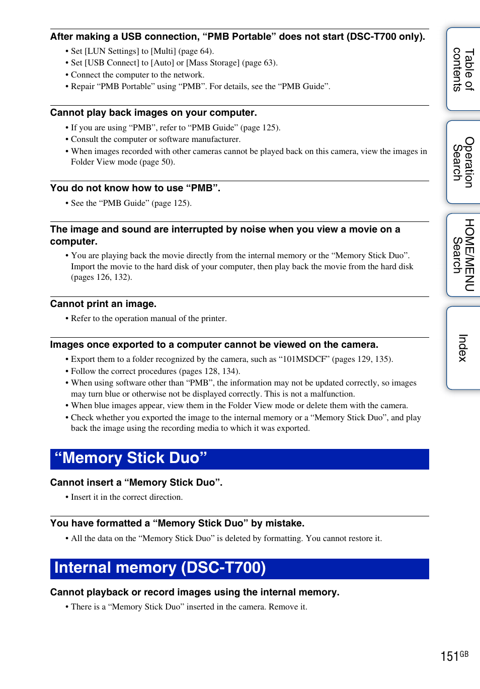 Memory stick duo, Internal memory (dsc-t700) | Sony DSC-T700 User Manual | Page 151 / 170