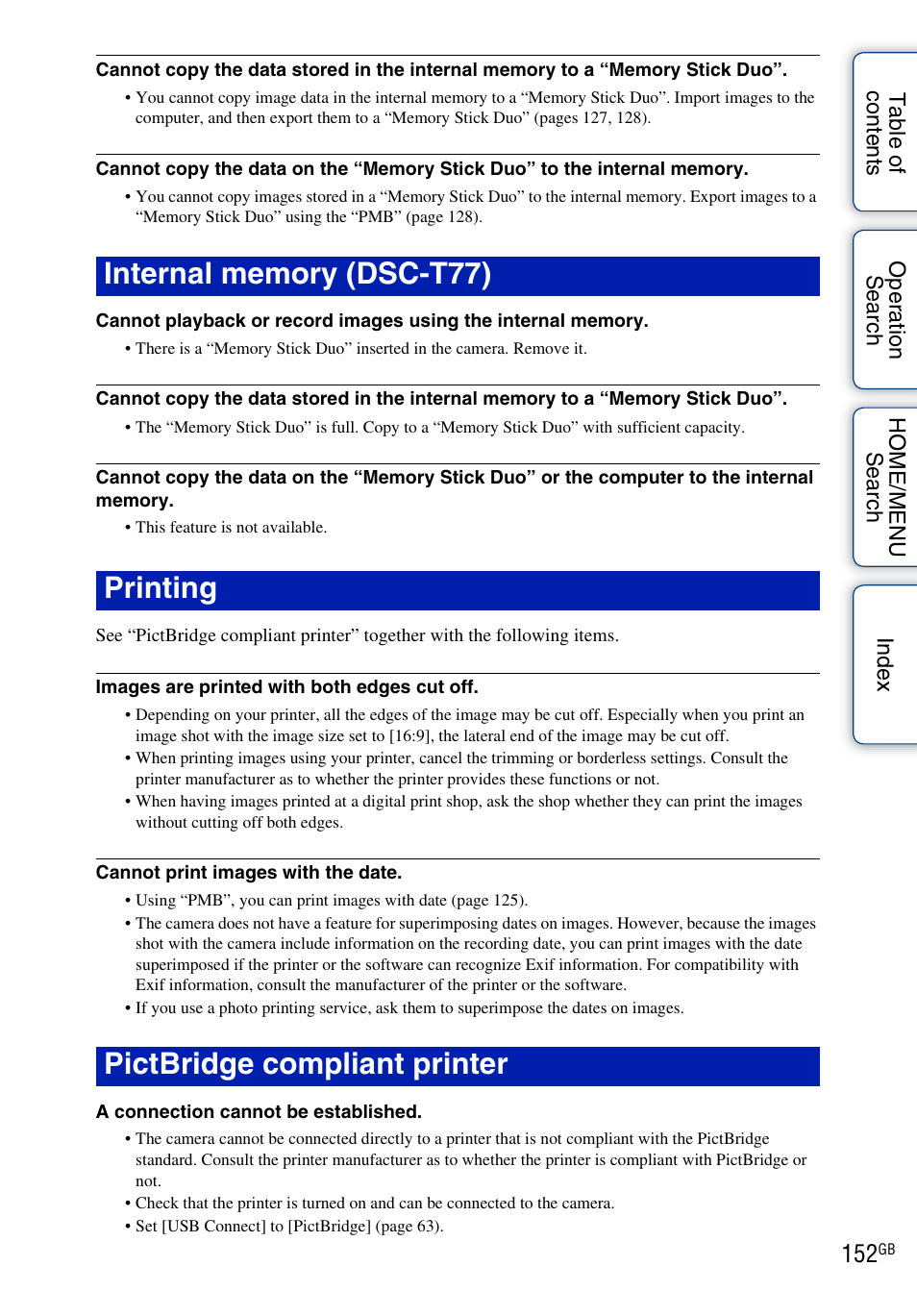 Internal memory (dsc-t77), Printing, Pictbridge compliant printer | Sony DSC-T700 User Manual | Page 152 / 170