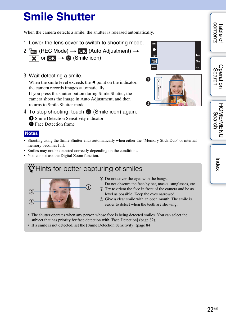 Smile shutter, Hints for better capturing of smiles | Sony DSC-T700 User Manual | Page 22 / 170