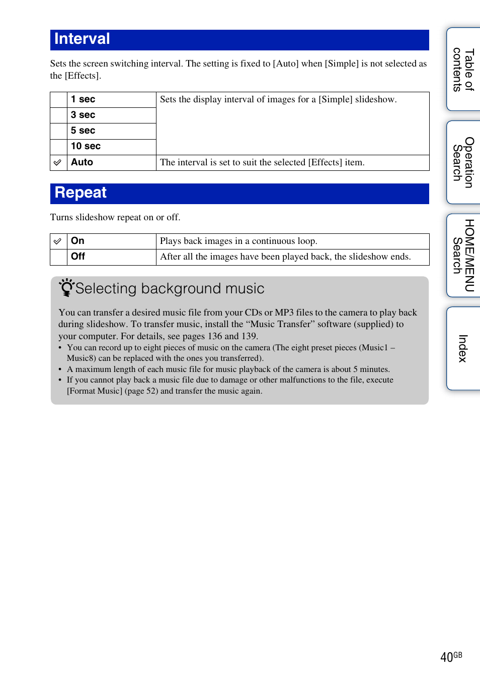Interval, Repeat, Selecting background music | Sony DSC-T700 User Manual | Page 40 / 170