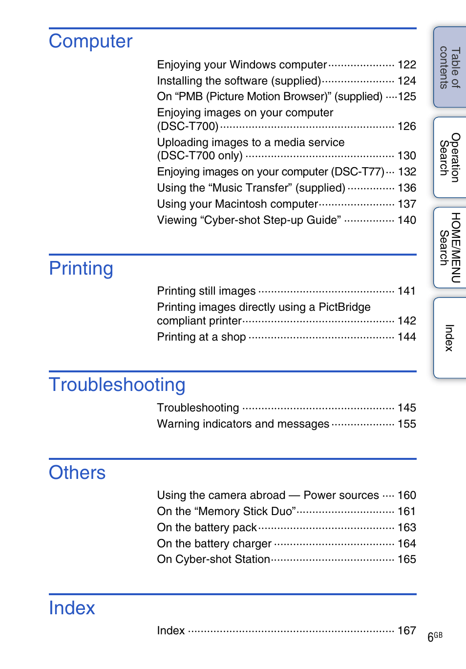 Computer, Printing, Troubleshooting | Others, Index | Sony DSC-T700 User Manual | Page 6 / 170