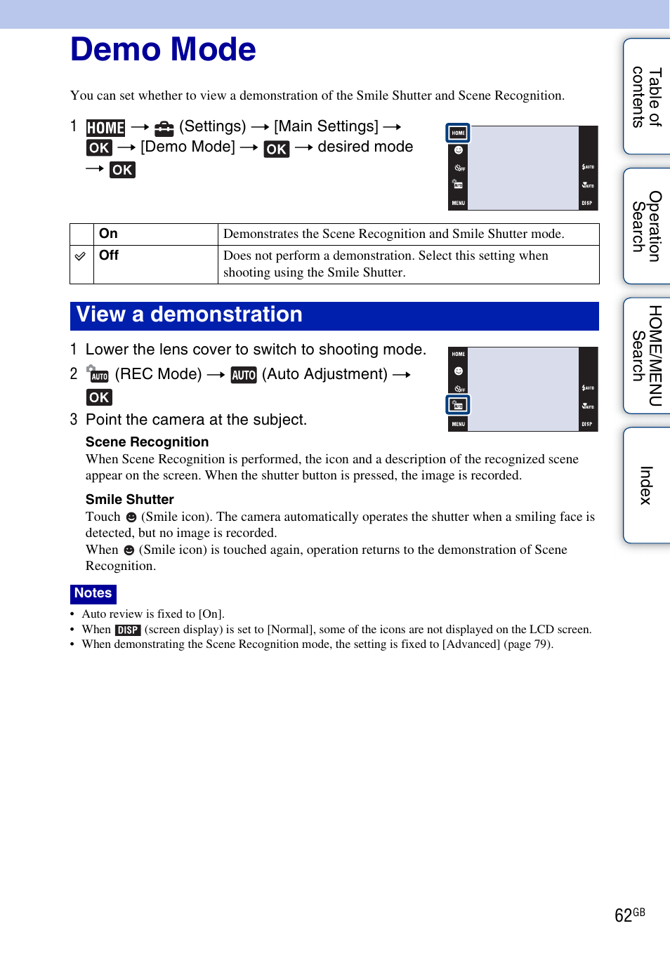 Demo mode, View a demonstration | Sony DSC-T700 User Manual | Page 62 / 170