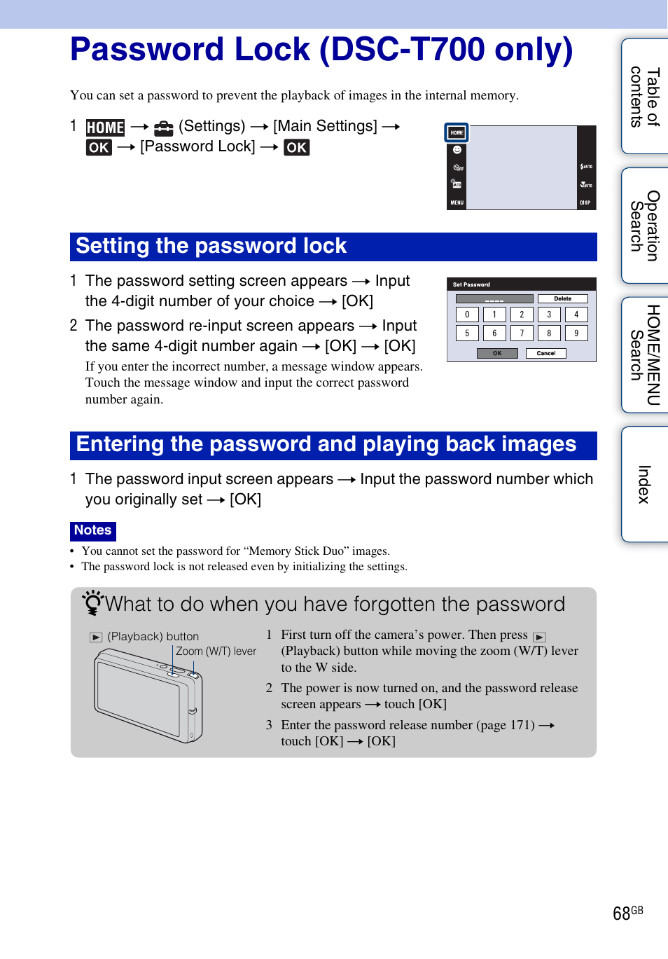 Password lock (dsc-t700 only), What to do when you have forgotten the password | Sony DSC-T700 User Manual | Page 68 / 170