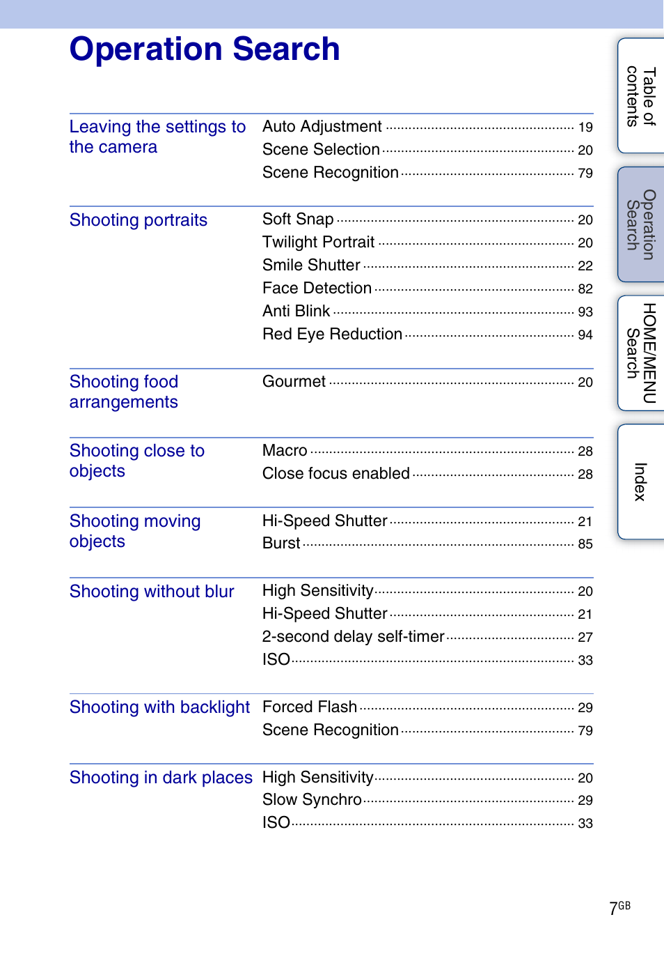 Se a, Operation search | Sony DSC-T700 User Manual | Page 7 / 170