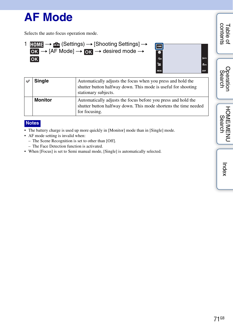 Af mode | Sony DSC-T700 User Manual | Page 71 / 170