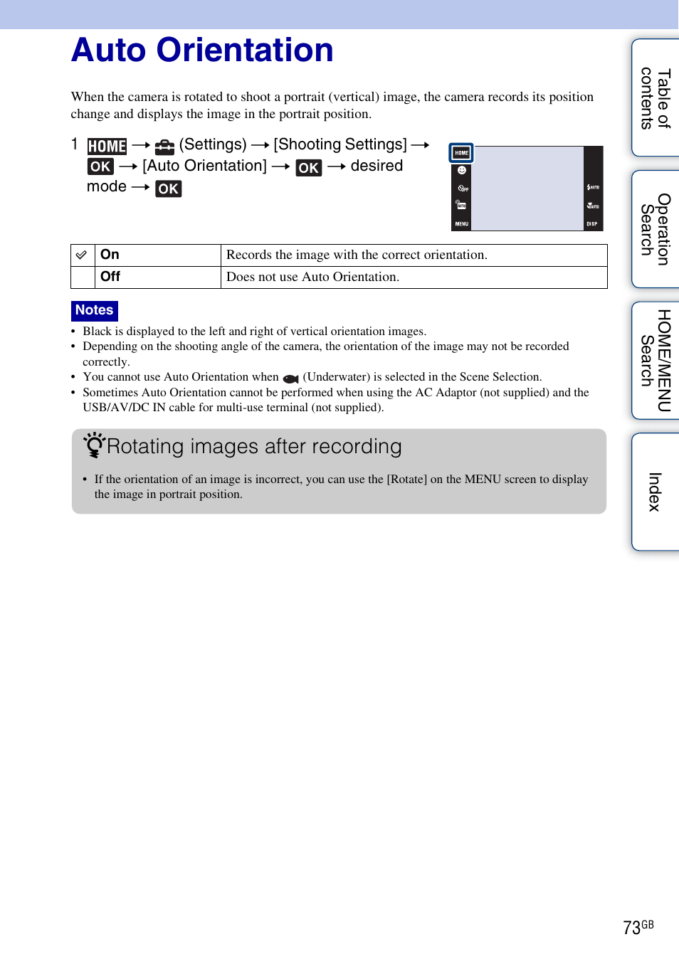 Shooting settings – shooting settings 2, Auto orientation, Rotating images after recording | Sony DSC-T700 User Manual | Page 73 / 170