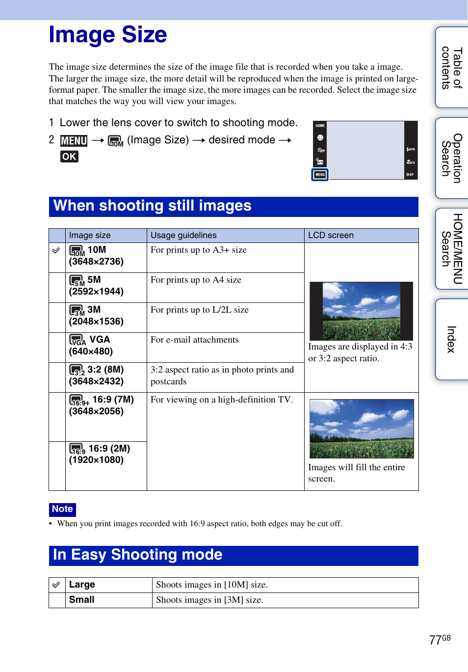 Image size, When shooting still images | Sony DSC-T700 User Manual | Page 77 / 170