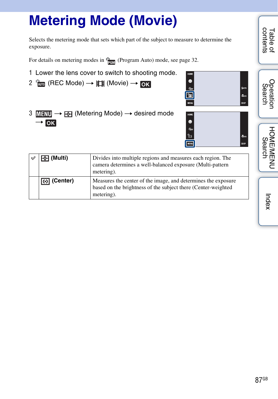 Metering mode, Metering mode (movie) | Sony DSC-T700 User Manual | Page 87 / 170