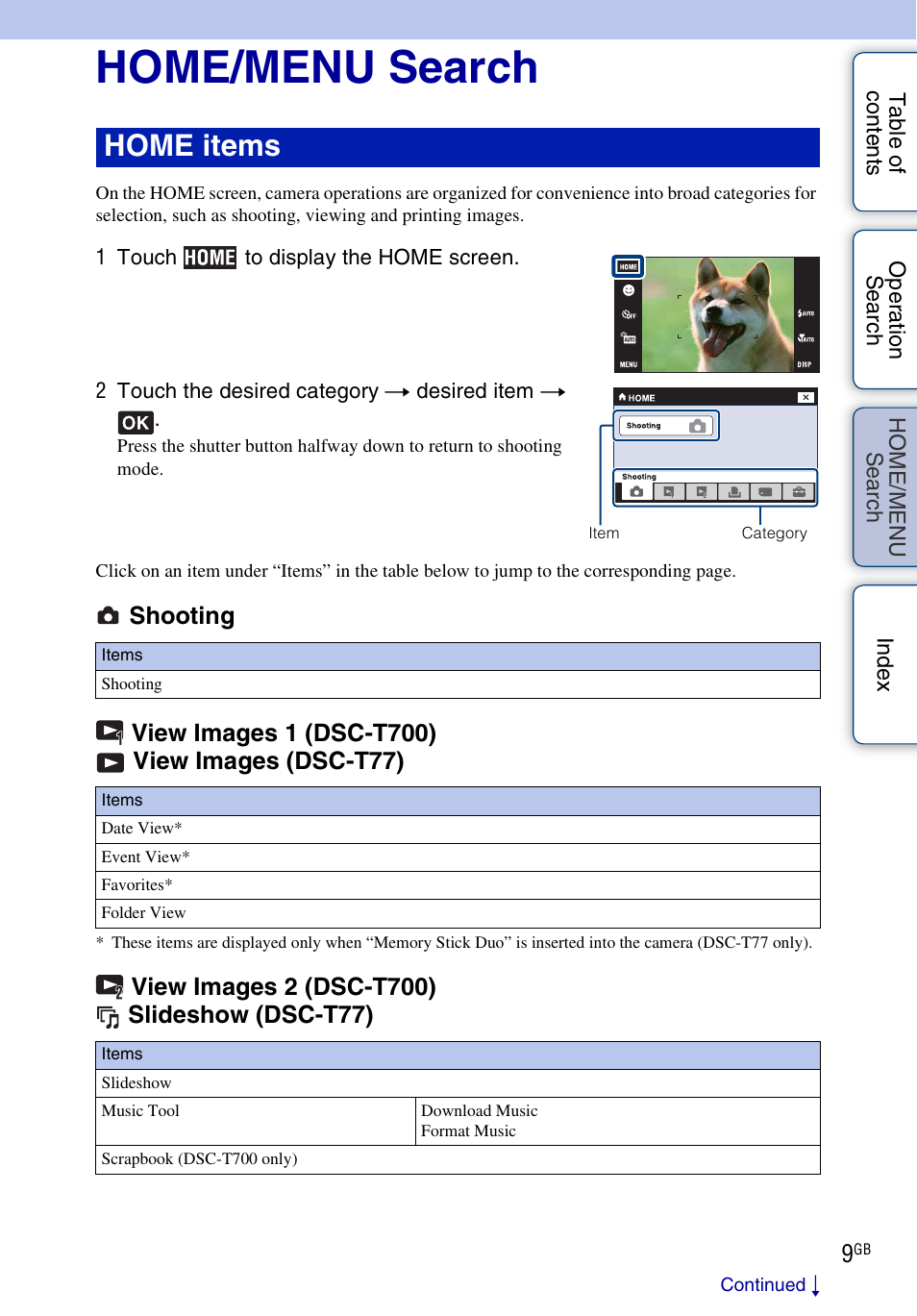 Menu, Se ar, Se a | Home/menu search, Home items | Sony DSC-T700 User Manual | Page 9 / 170