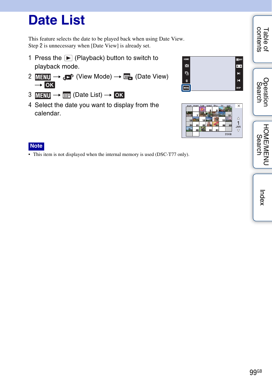 Date list), Date list | Sony DSC-T700 User Manual | Page 99 / 170