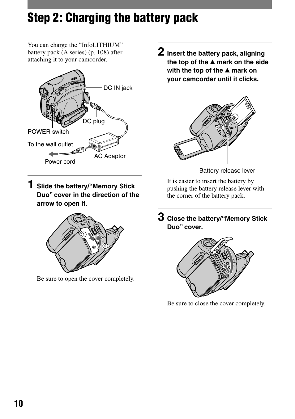 Step 2: charging the battery pack | Sony DCR-HC90 User Manual | Page 10 / 123