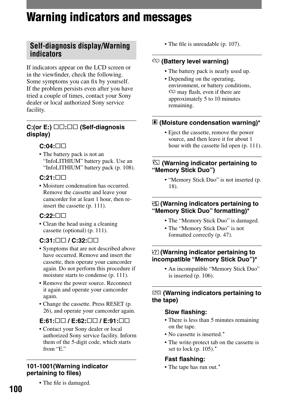 Warning indicators and messages, Self-diagnosis display/warning indicators | Sony DCR-HC90 User Manual | Page 100 / 123