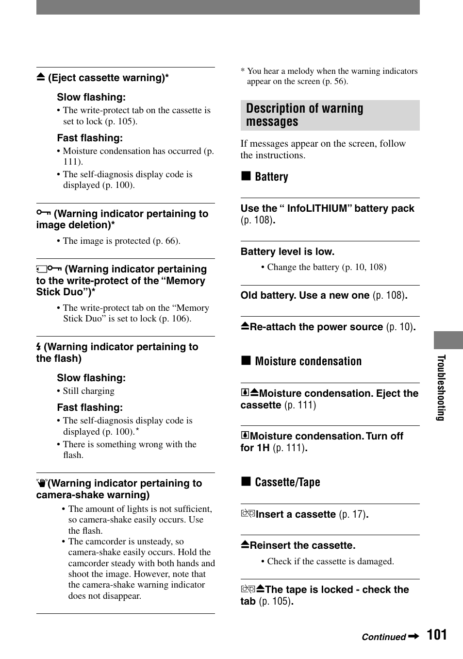 Description of warning messages | Sony DCR-HC90 User Manual | Page 101 / 123