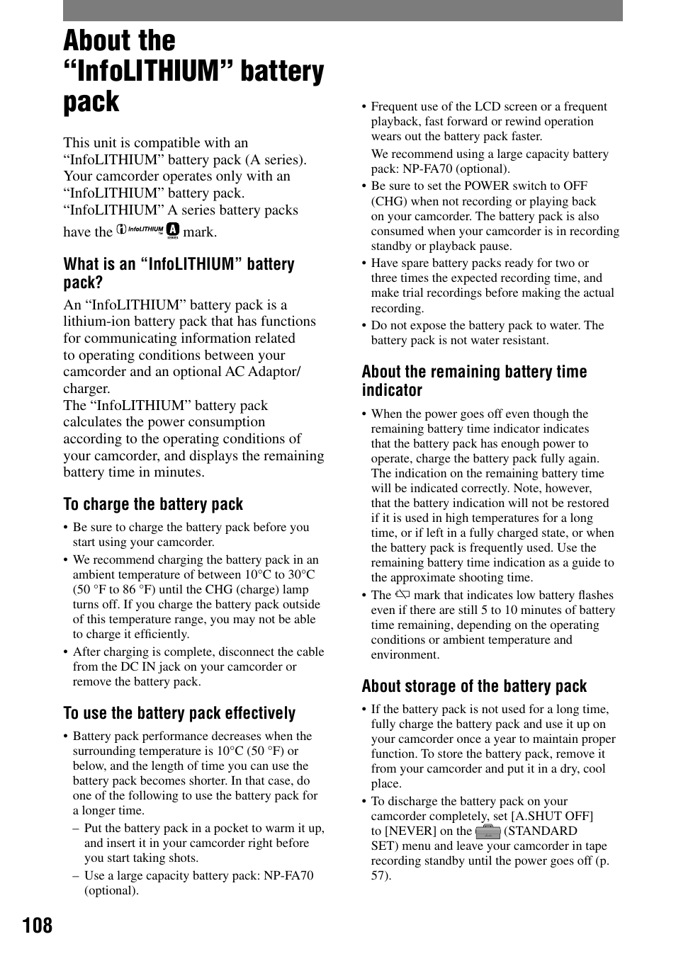 About the “infolithium” battery pack | Sony DCR-HC90 User Manual | Page 108 / 123