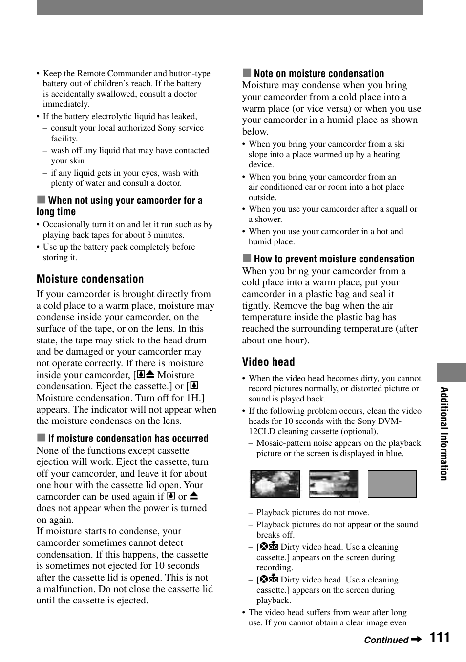 Moisture condensation, Video head | Sony DCR-HC90 User Manual | Page 111 / 123