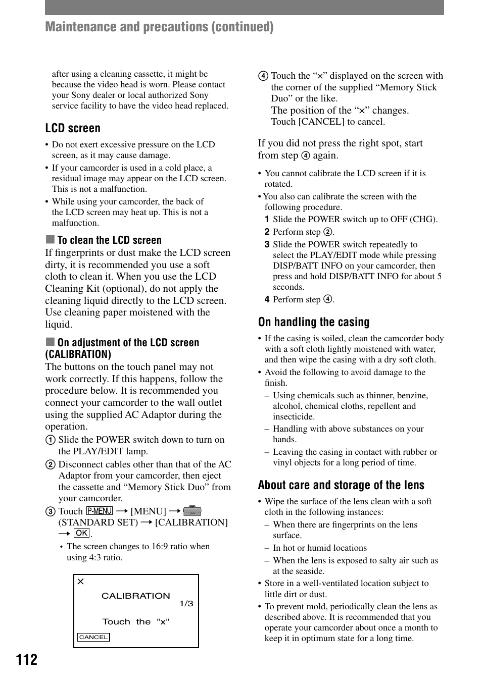 Maintenance and precautions (continued), Lcd screen, On handling the casing | About care and storage of the lens | Sony DCR-HC90 User Manual | Page 112 / 123