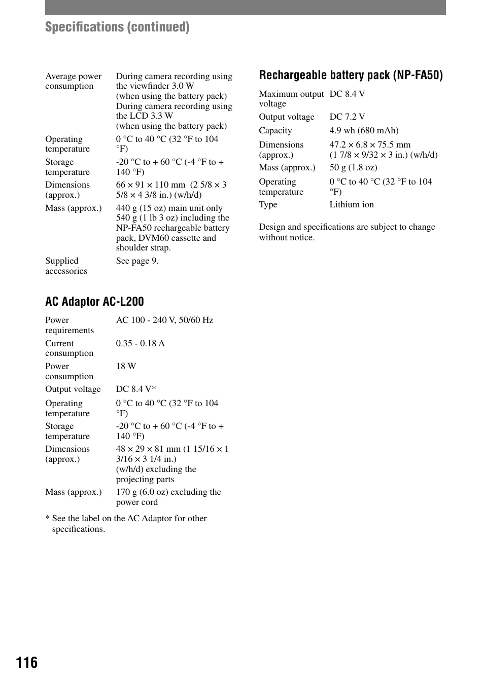 Speciﬁcations (continued), Ac adaptor ac-l200, Rechargeable battery pack (np-fa50) | Sony DCR-HC90 User Manual | Page 116 / 123