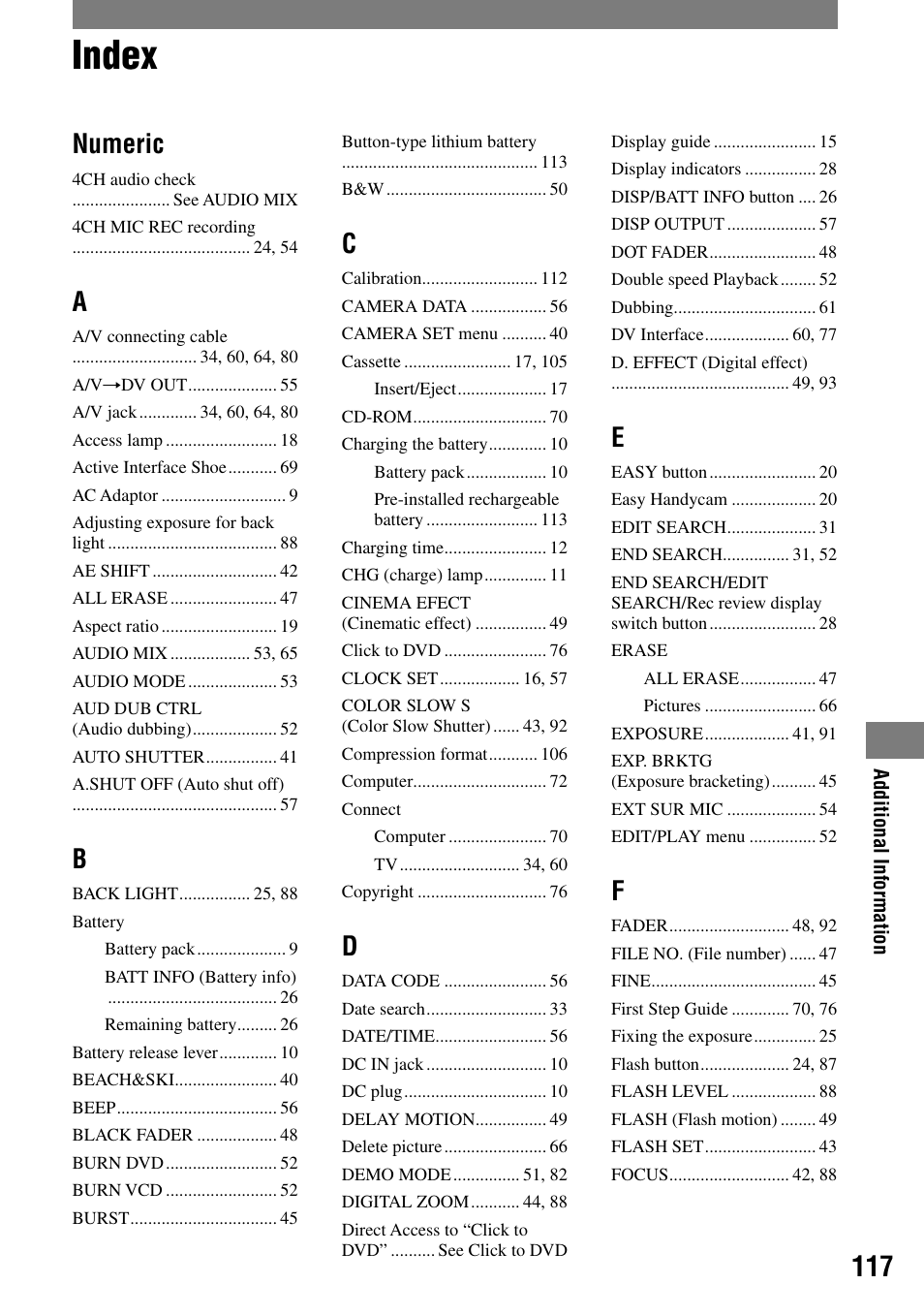 Index, Numeric | Sony DCR-HC90 User Manual | Page 117 / 123