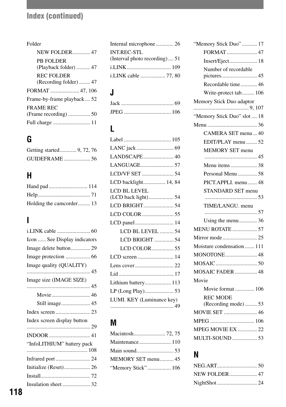 Index (continued) | Sony DCR-HC90 User Manual | Page 118 / 123