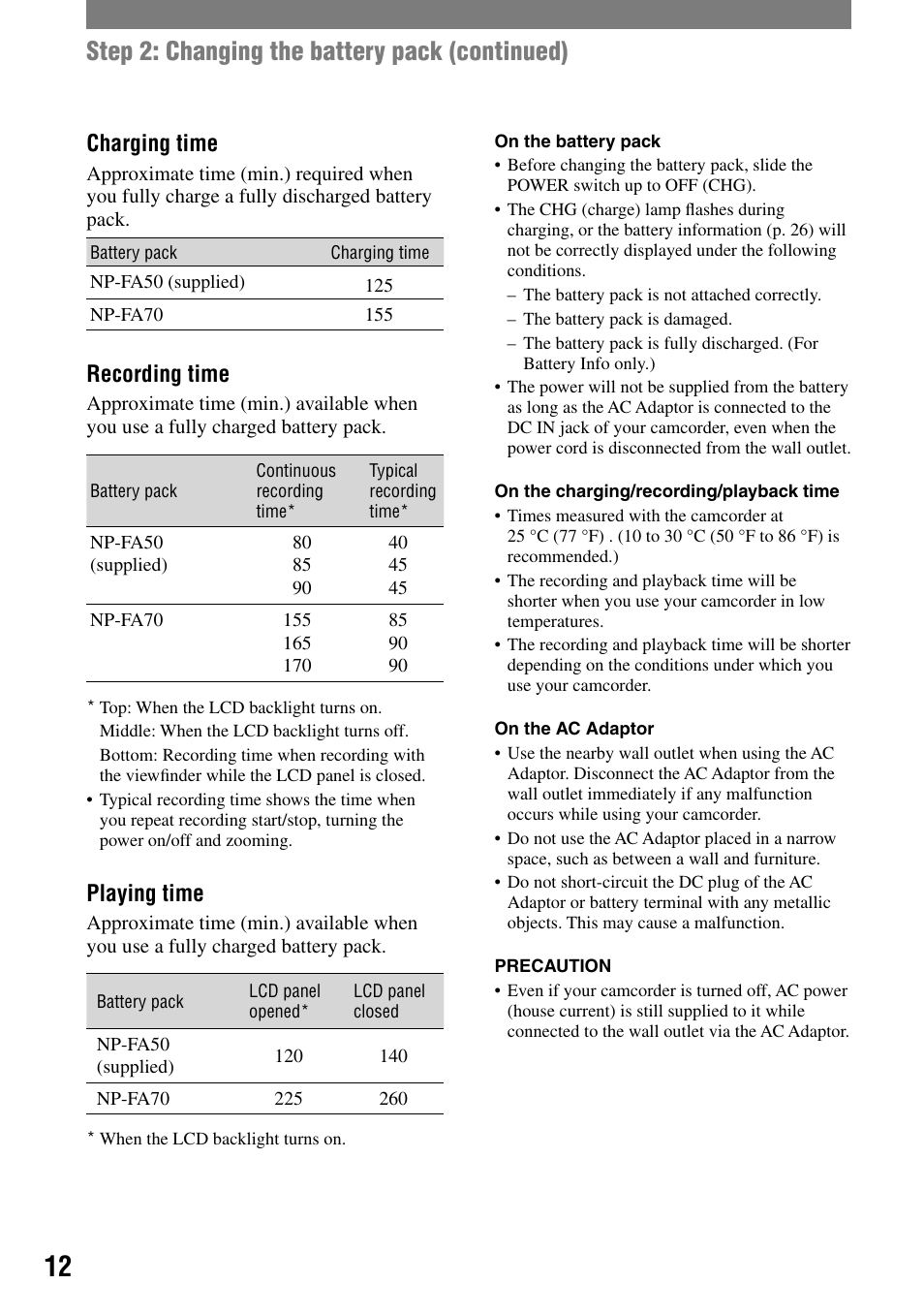 Step 2: changing the battery pack (continued), Charging time, Recording time | Playing time | Sony DCR-HC90 User Manual | Page 12 / 123