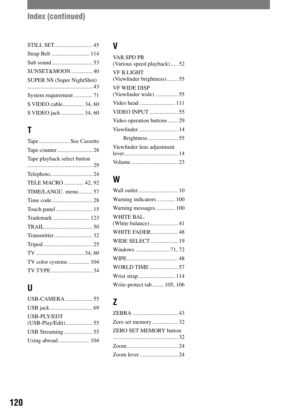 Index (continued) | Sony DCR-HC90 User Manual | Page 120 / 123