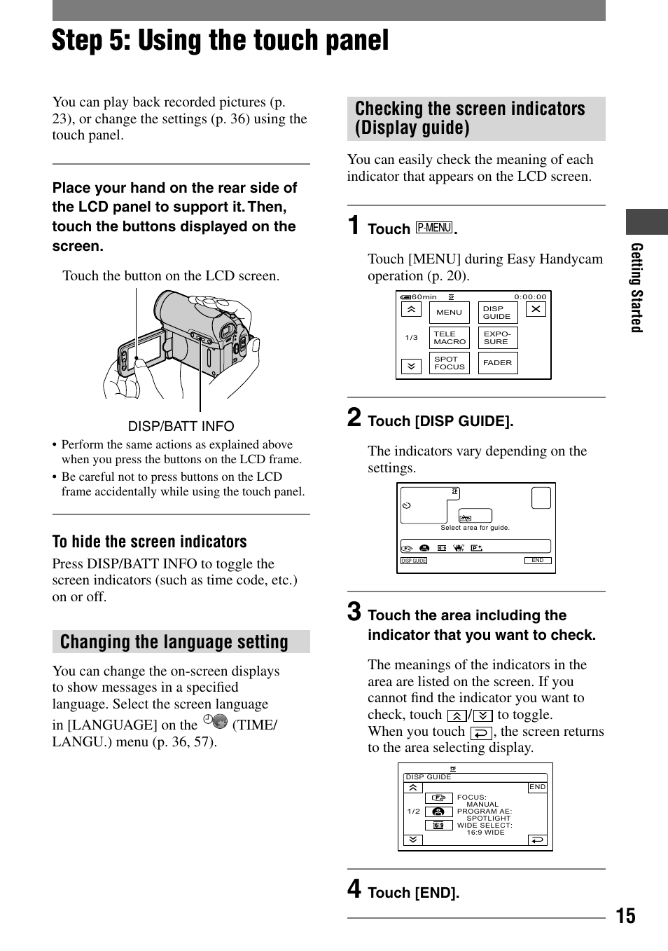 Step 5: using the touch panel, Changing the language setting, Checking the screen indicators (display guide) | Sony DCR-HC90 User Manual | Page 15 / 123