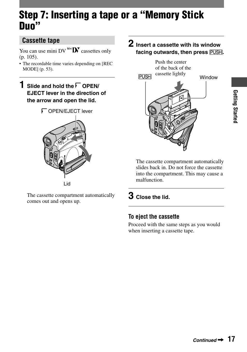 Step 7: inserting a tape or a “memory stick duo | Sony DCR-HC90 User Manual | Page 17 / 123